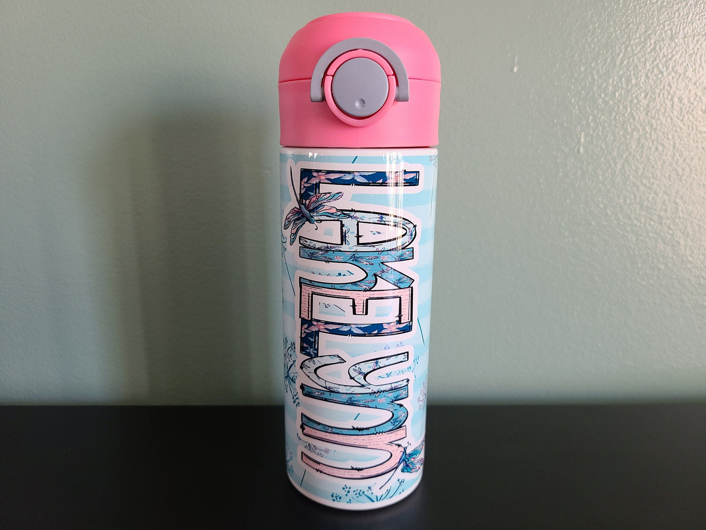 Personalized Dragonfly Water Bottle - 12 oz Flip Top Water Bottle with Straw
