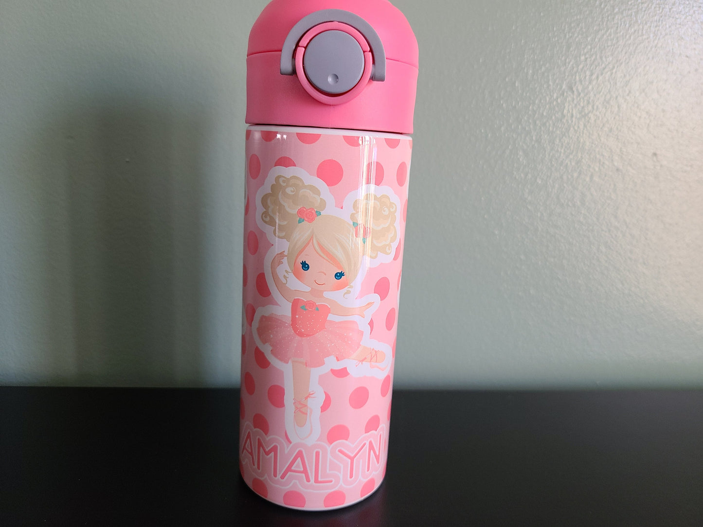 Personalized Pink Ballerina Water Bottle - 12 oz Flip Top Water Bottle with Straw