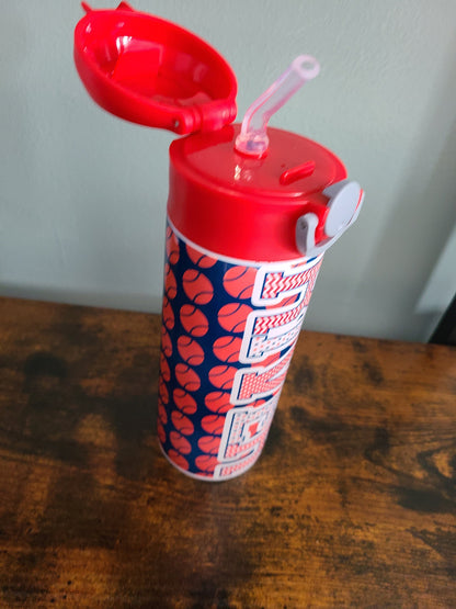 Personalized Red and Blue Baseball Water Bottle - 12 oz Flip Top Water Bottle with Straw