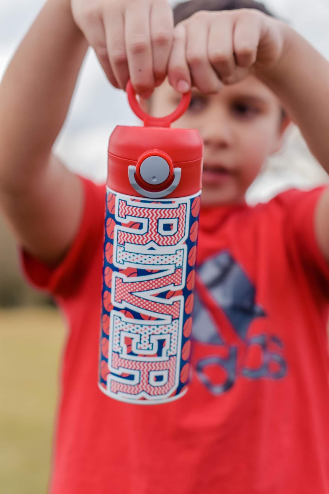 Personalized Red and Blue Baseball Water Bottle - 12 oz Flip Top Water Bottle with Straw