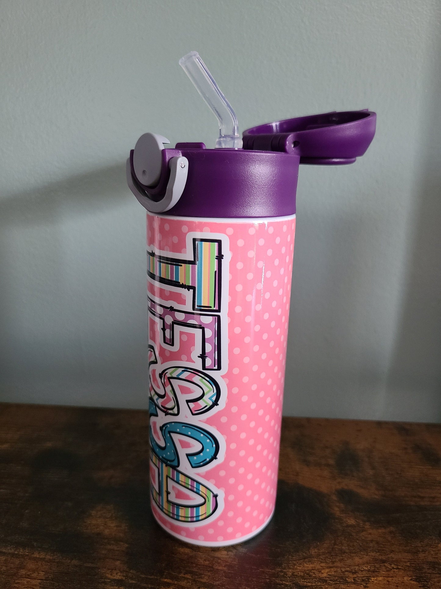 Personalized Pink and Purple Water Bottle - 12 oz Flip Top Water Bottle with Lid