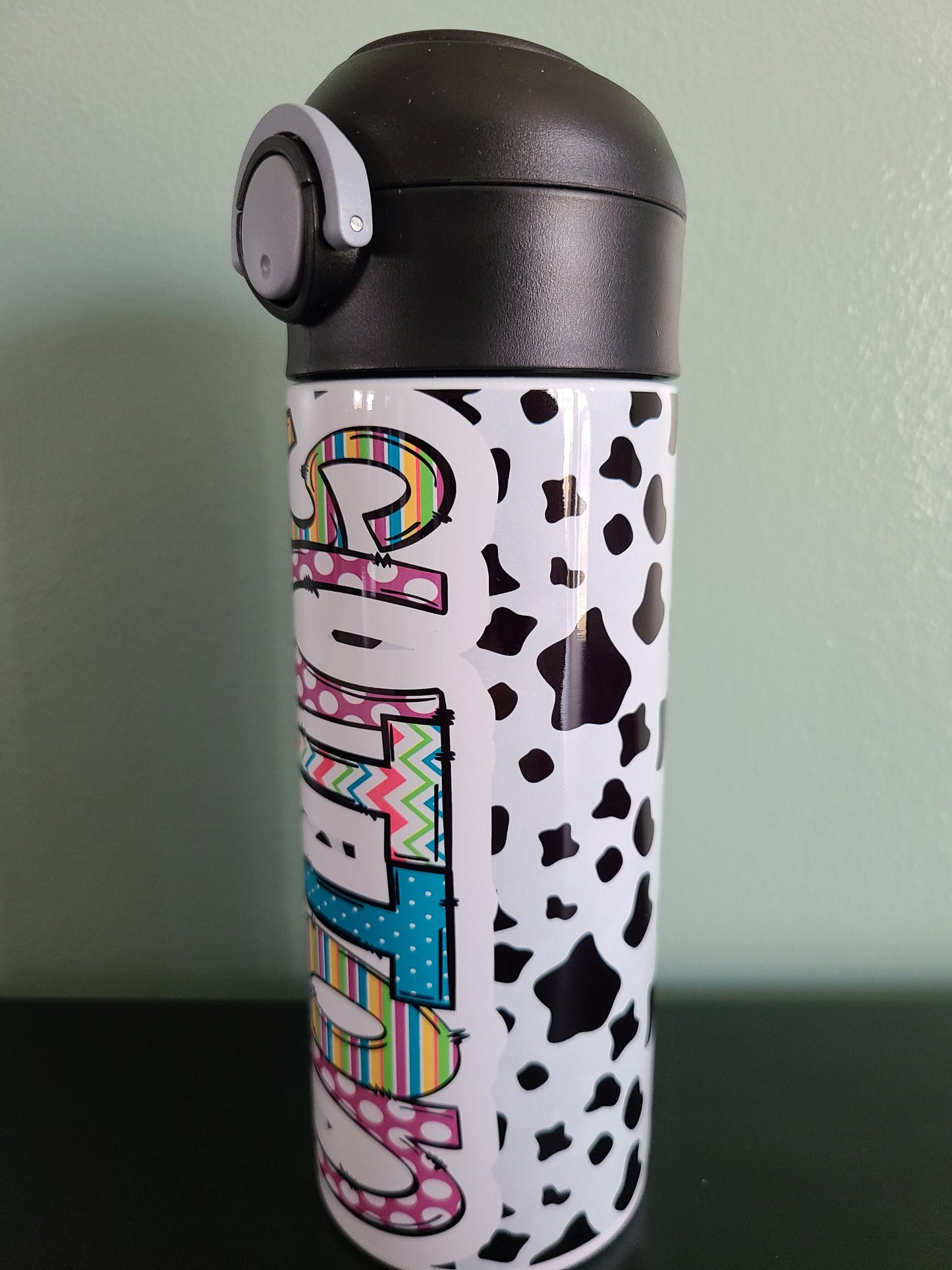 Fun Cow Print Flip Top Water Bottle - Personalized