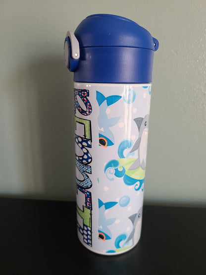 Personalized Sharks Water Bottle - 12 oz Flip Top Water Bottle with Straw