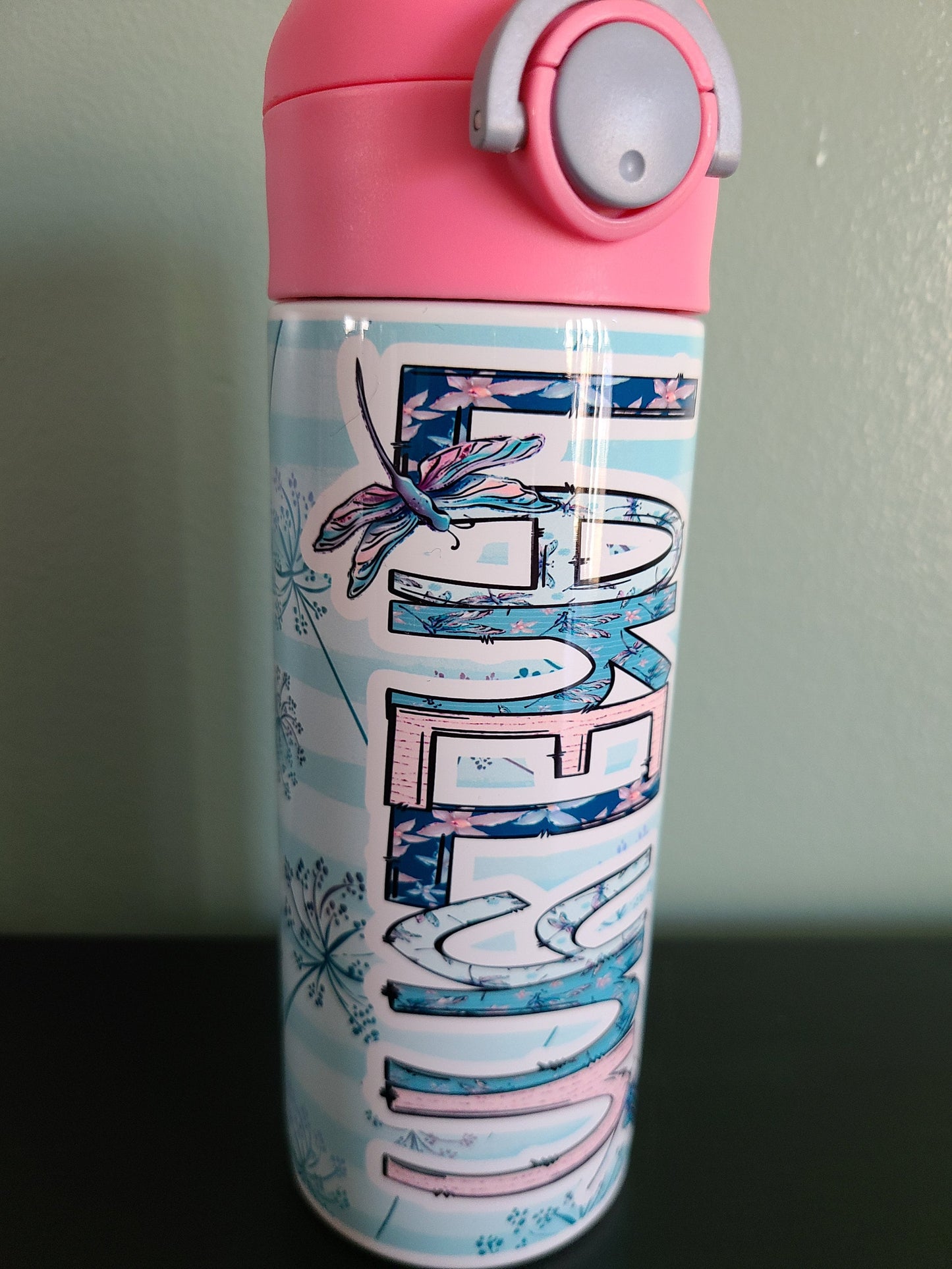 Personalized Dragonfly Water Bottle - 12 oz Flip Top Water Bottle with Straw