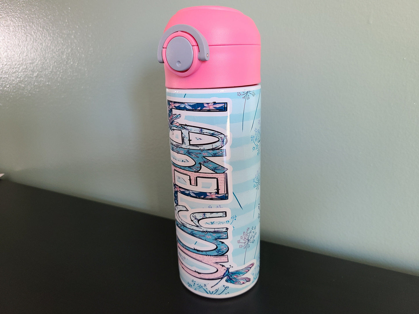 Personalized Dragonfly Water Bottle - 12 oz Flip Top Water Bottle with Straw