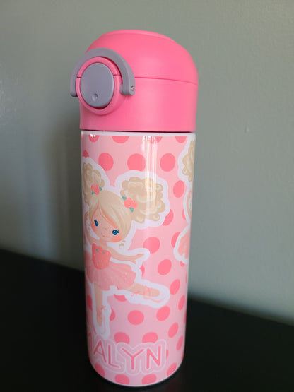 Personalized Pink Ballerina Water Bottle - 12 oz Flip Top Water Bottle with Straw