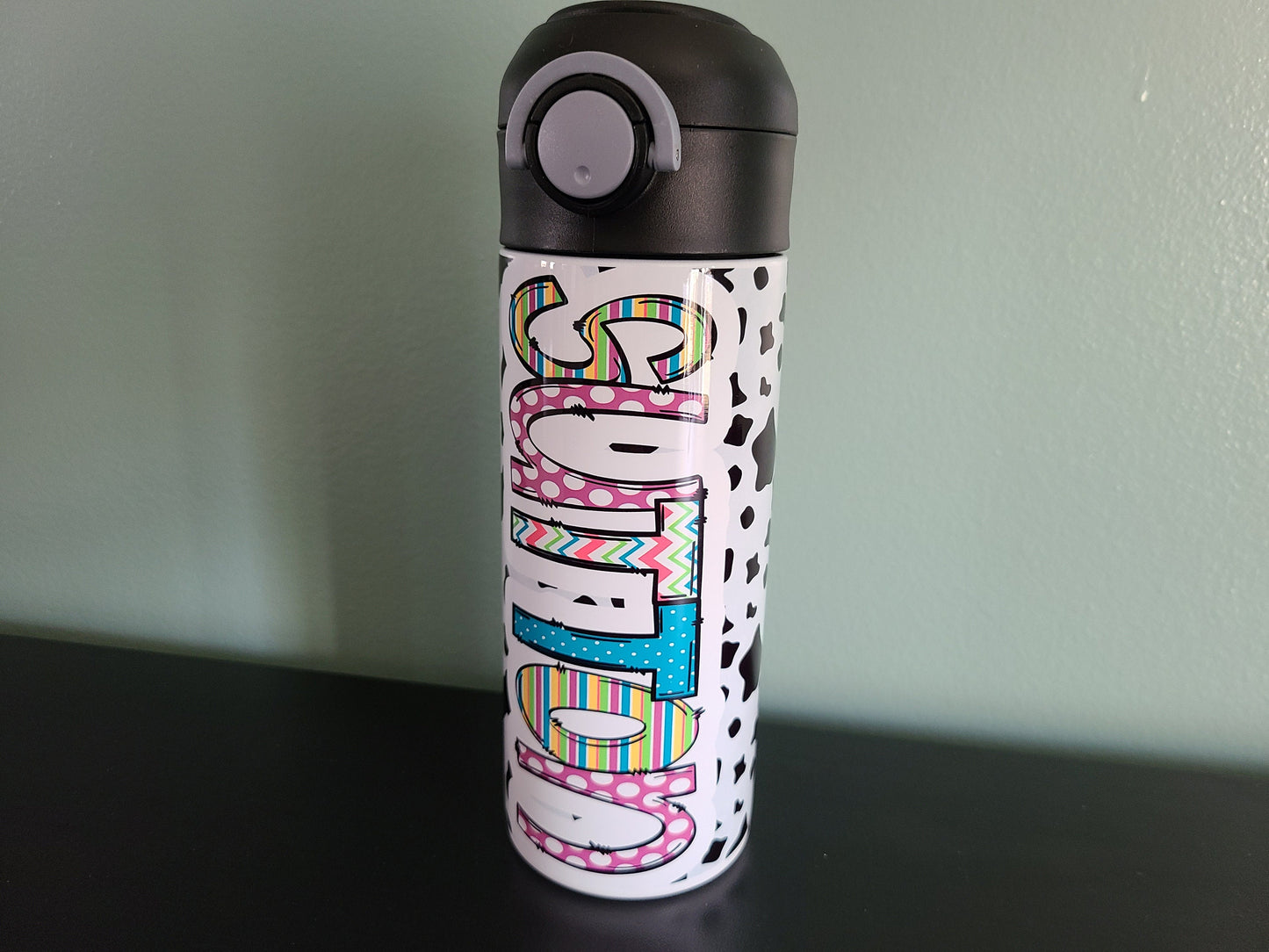 Fun Cow Print Flip Top Water Bottle - Personalized