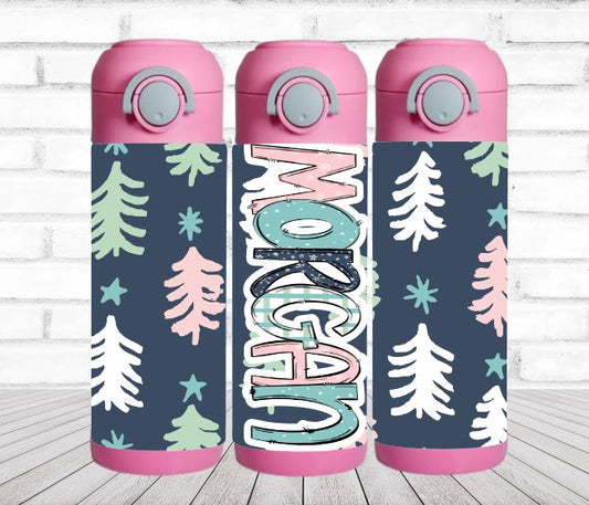 Pink & Navy Blue Christmas Flip Top Water Bottle - Personalized