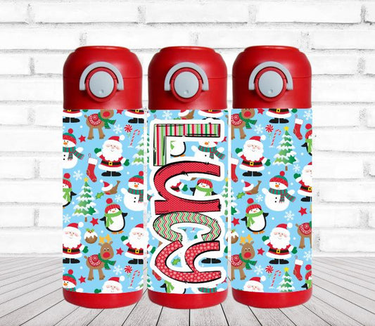 Santa & Penguins Christmas Flip Top Water Bottle - Personalized