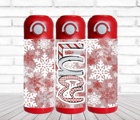 Red and Gray Snowflakes Christmas Flip Top Water Bottle - Personalized