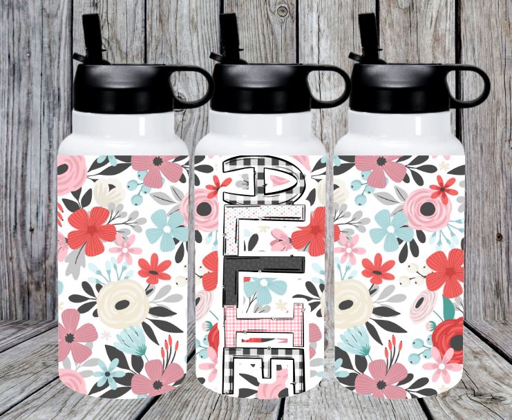 Teal and Pink Floral 32 oz Water Bottle
