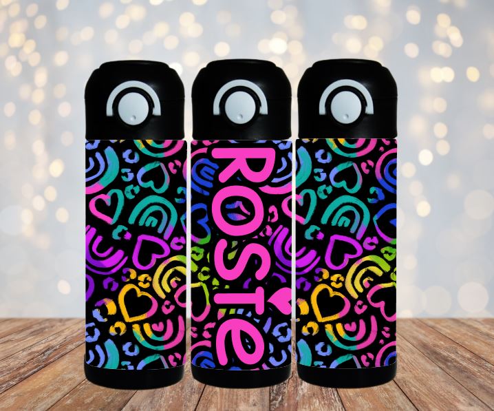 12 oz water bottle with a black lid that has a built-in straw, locking push button and handle. This design features a black background with neon colored hearts and rainbows. Personalized in coordinating colors. Back to School. Displayed showing 3 sides 